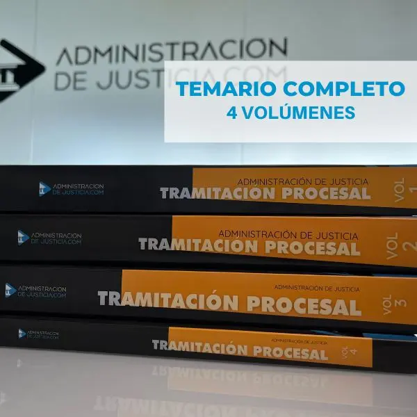 Temario completo en papel de 4 volúmenes de Academia ADJ para las oposiciones de Tramitación Procesal, apilados horizontalmente