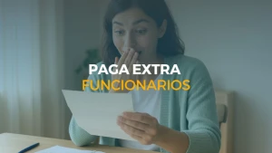 Funcionaria joven sorprendida y sonriente al leer una notificación en papel sobre su paga extra, sentada en casa frente a sus apuntes de estudio.