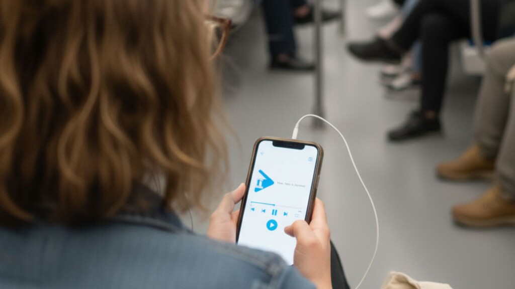 Opositora estudiando temario en audio desde el móvil mientras viaja en transporte público