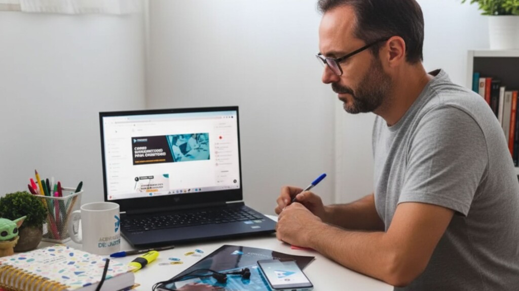 Opositor estudiando con múltiples recursos online: campus virtual, temario impreso, audio y apuntes personalizados