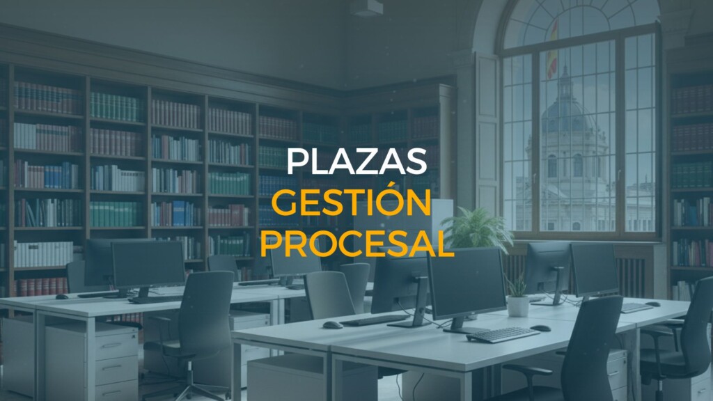 Oficina judicial moderna en España con puestos de trabajo, ordenadores y estanterías de leyes, representando el entorno profesional de las plazas gestión procesal.
